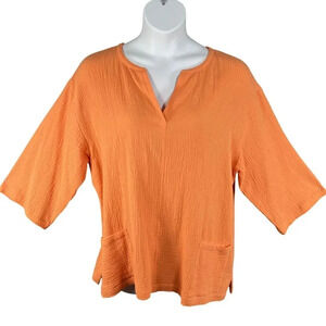 Soft Surroundings Women 1X Orange Top Araza Gauze Tunic Front Pockets Lagenlook